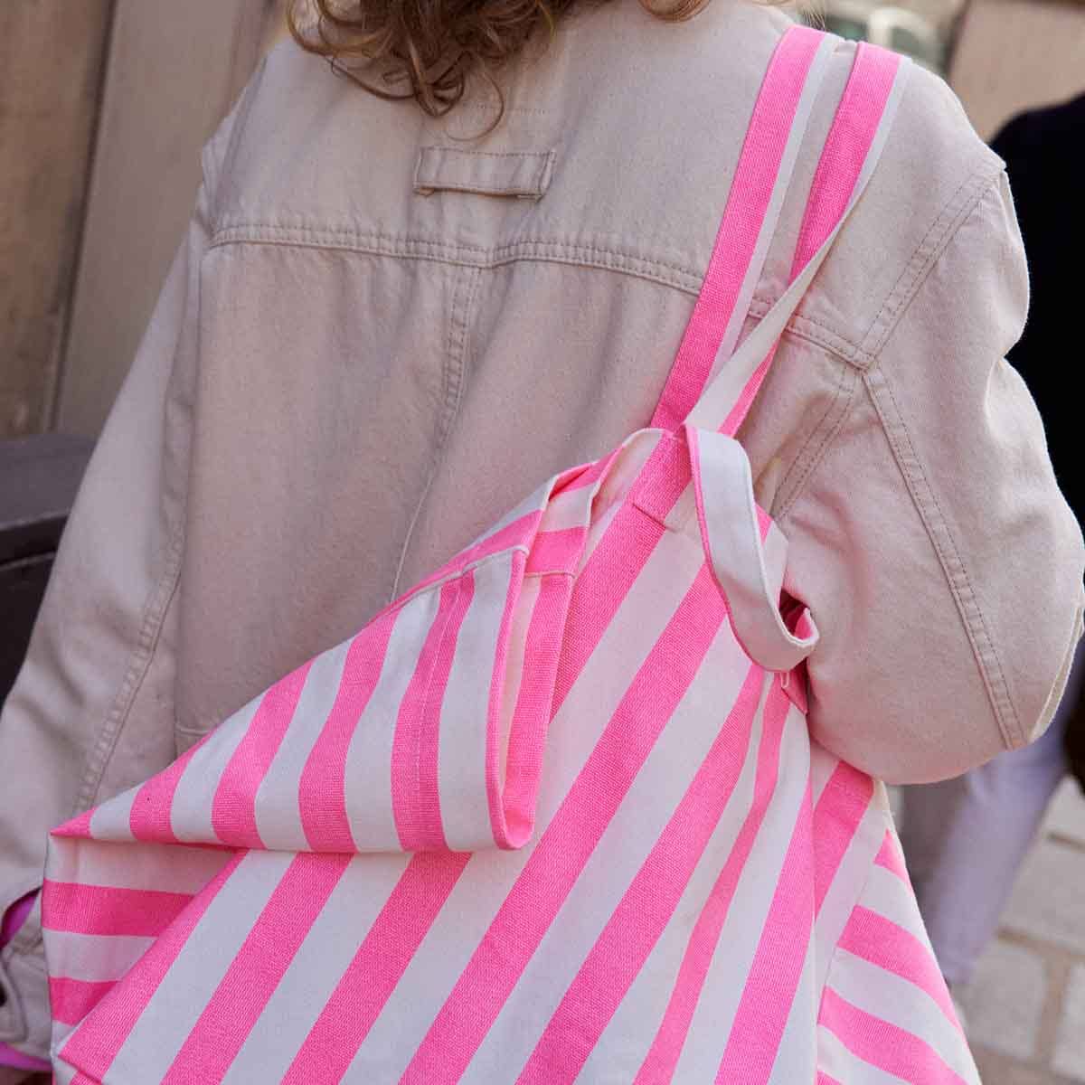 ELISA TOTE BAG STRIPES ECRU - NEON PINK