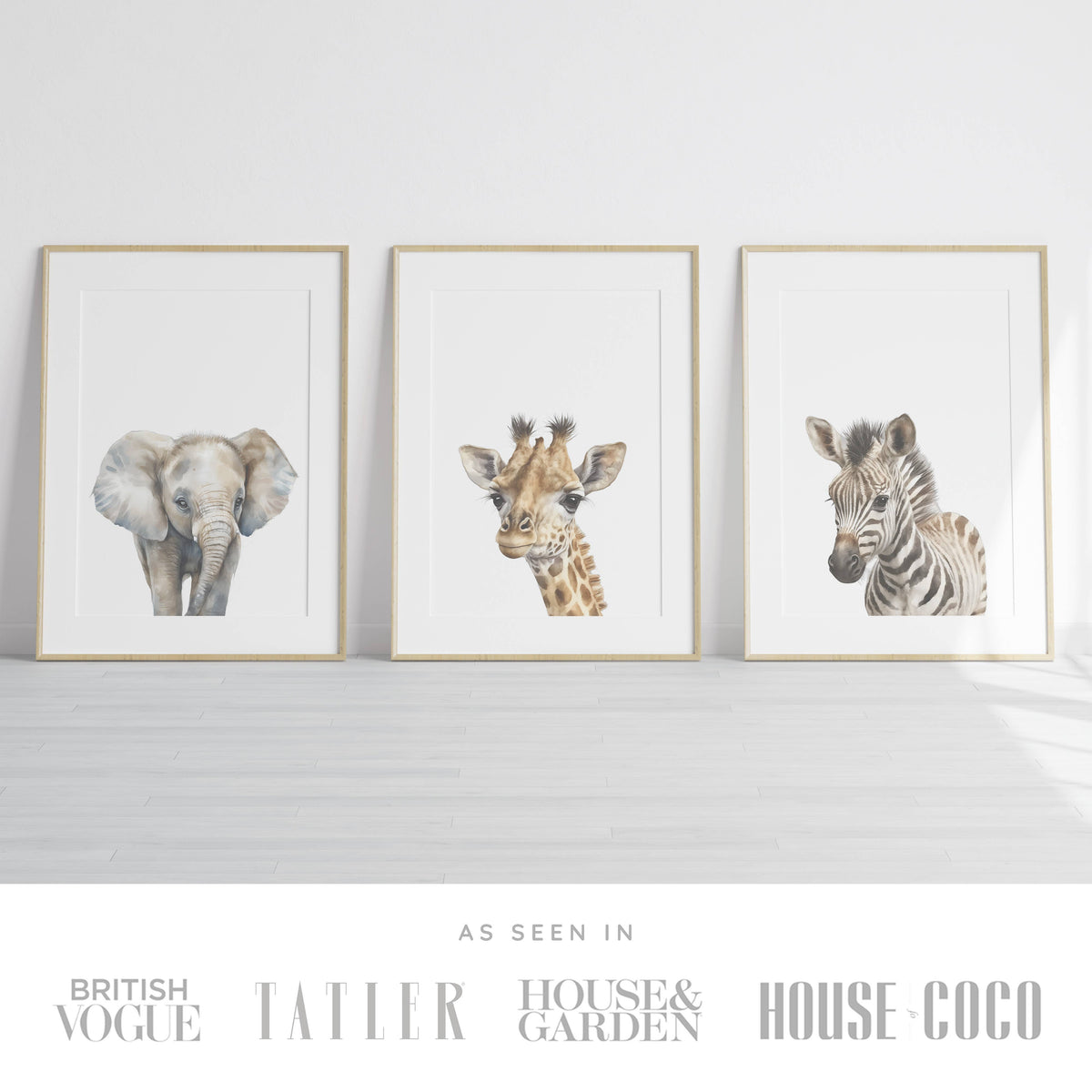 Baby Safari Animals Set of 3 Wall Art Prints (unframed): A4