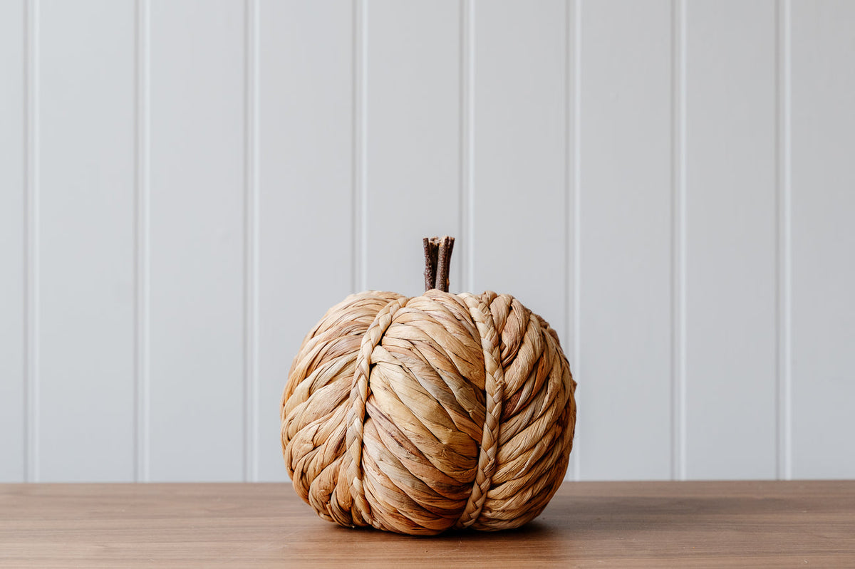 Large Plait Straw Pumpkin With Wooden Stalk