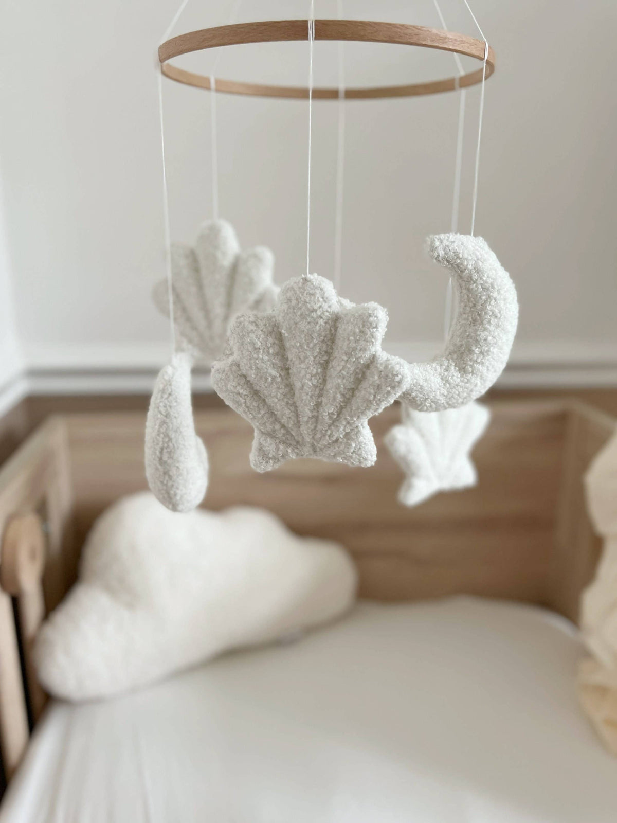 Micro Boucle Shell & Moon Mobile Nursery Decor